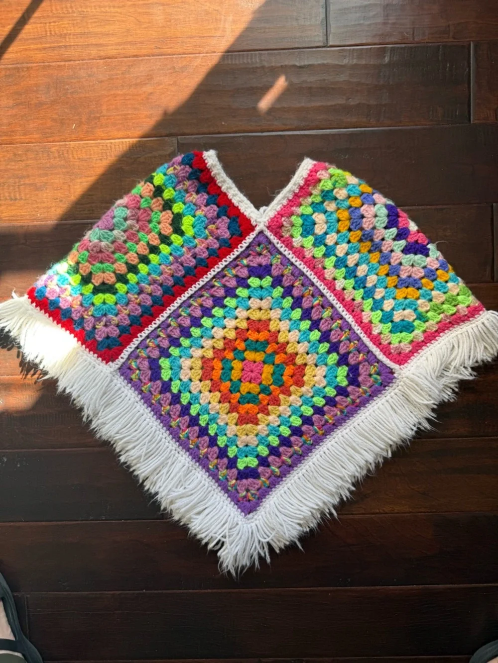 Handmade Granny Square Multicolor Crochet Poncho with Fringe - Picture 4 of 5